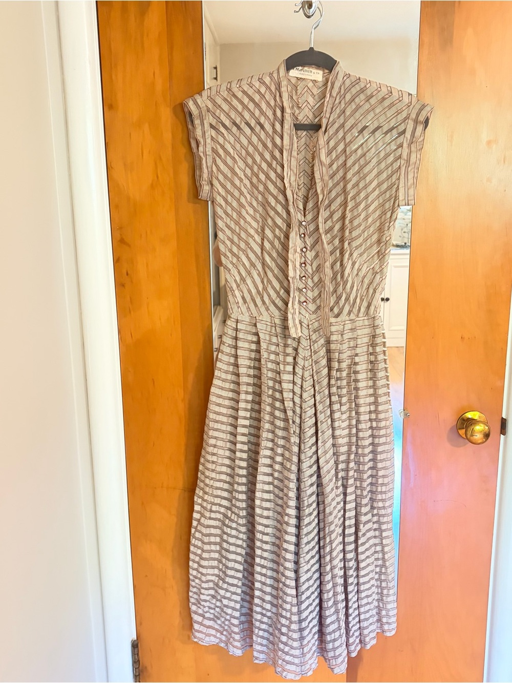 Vintage-Inspired Taupe Striped Midi Dress with Button Front. From the 50’s/60’s